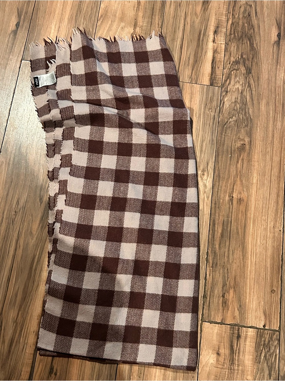 Checked Fringe Wrap Scarf in Brown and Cream